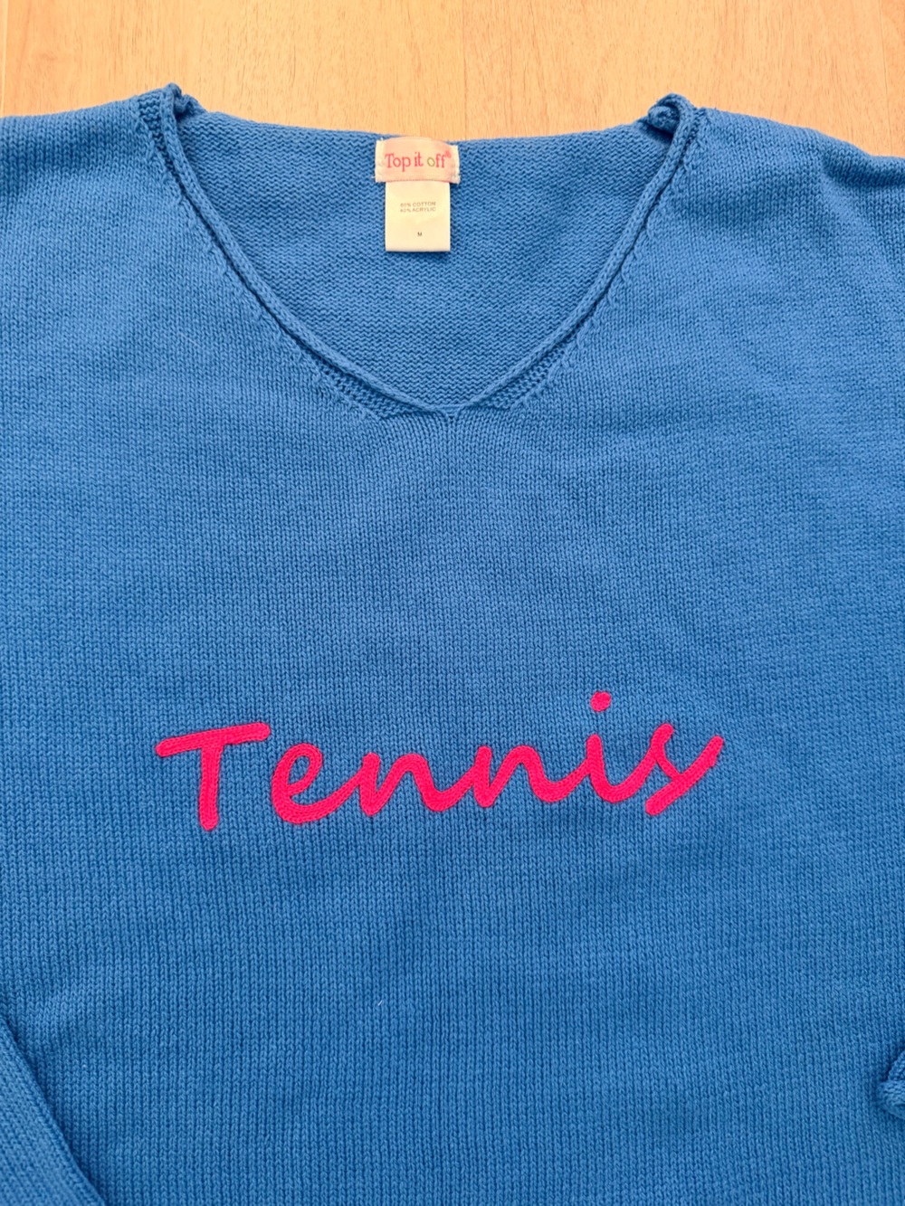 Blue Preppy sweater with pink 'Tennis' script Women’s Medium
